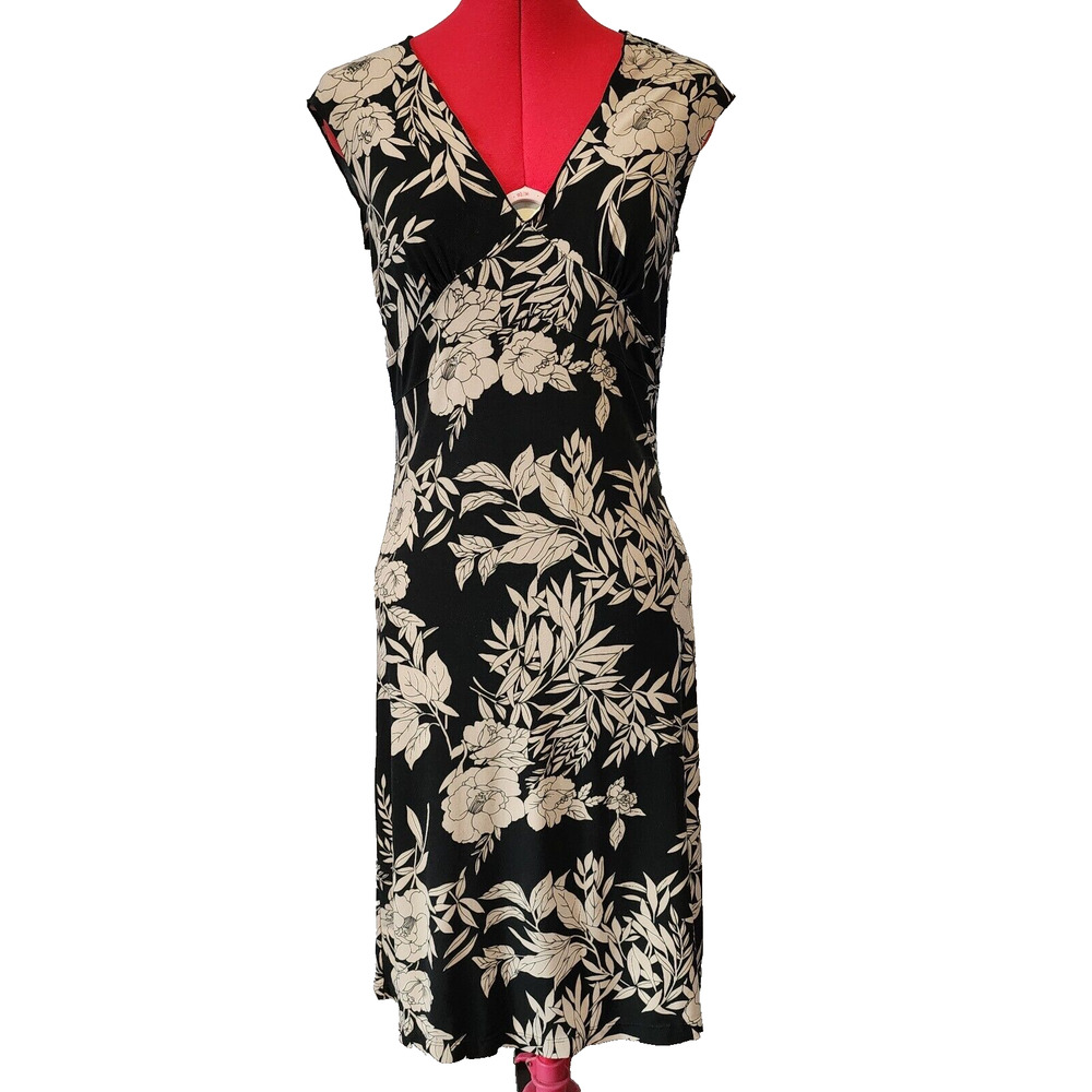 OLD NAVY Black w Beige Floral Fitted Stretch Knee Length Dress Size S